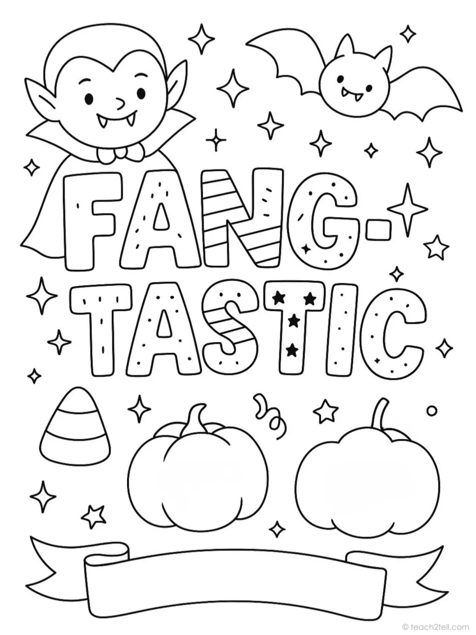 Halloween coloring poster reading 'Fang-Tastic' with a smiling vampire, a fanged bat, pumpkins, and candy corn