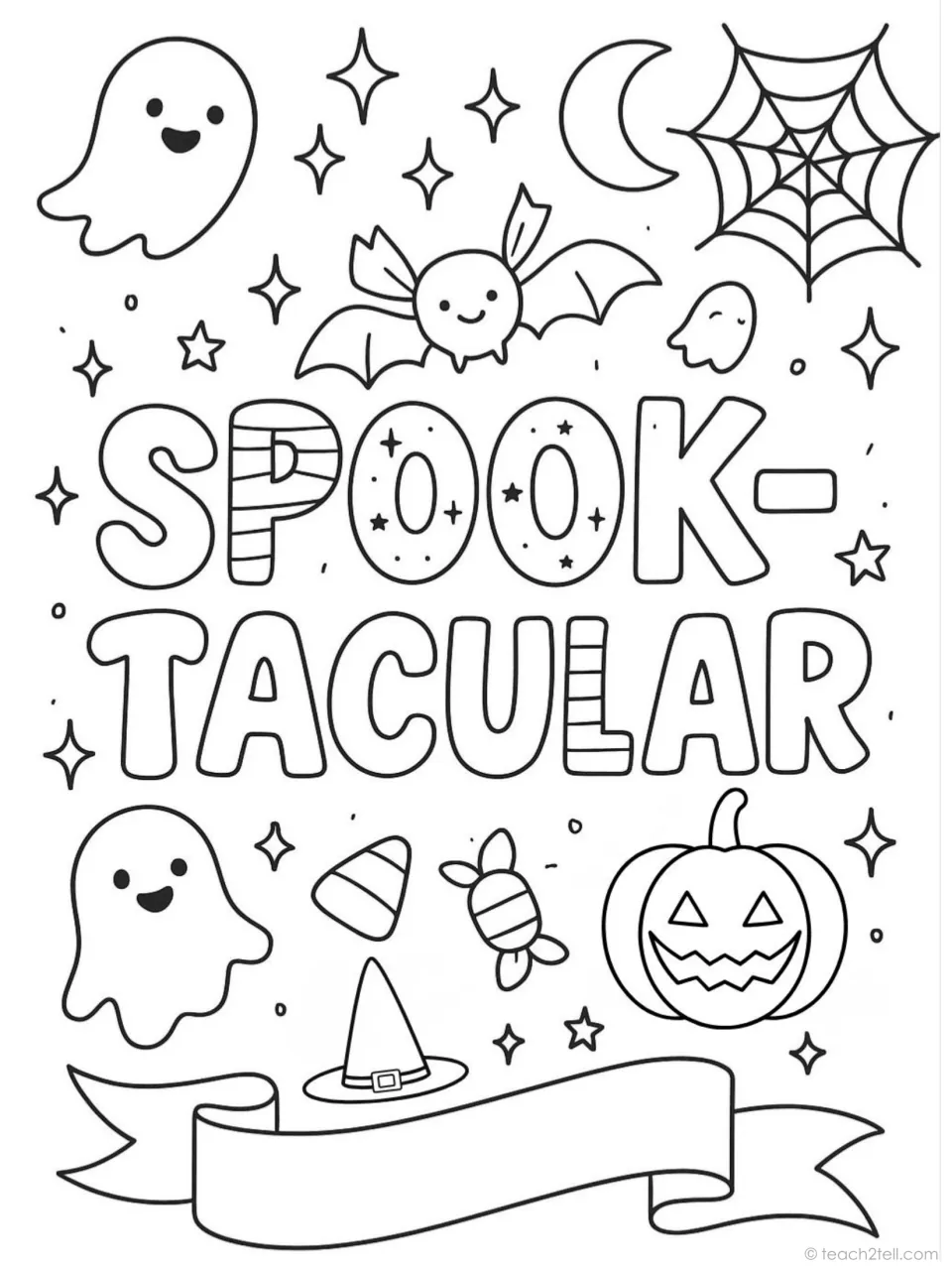 Halloween coloring poster reading 'Spook-Tacular' with smiling ghosts, a bat, a web, and a jack-o'-lantern
