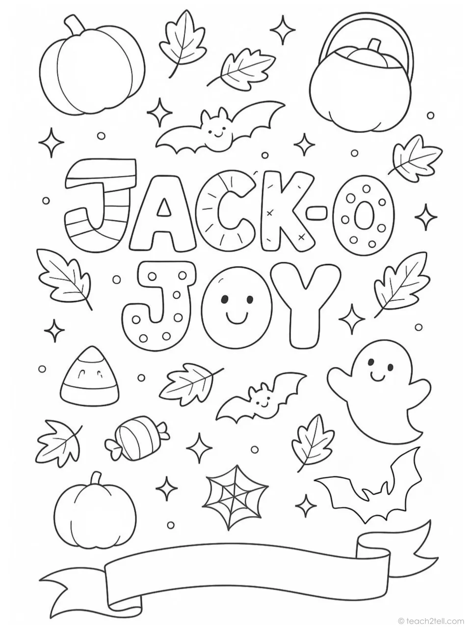 Halloween coloring poster reading 'Jack-o Joy' with pumpkins, a pumpkin bucket, bats, a ghost, and fall leaves