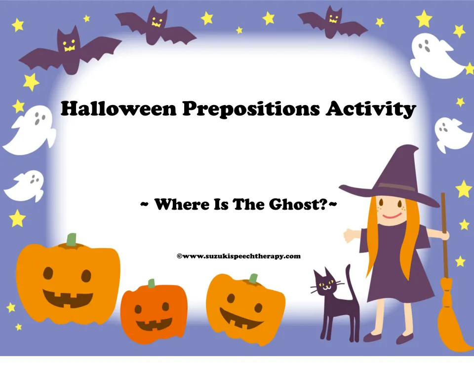 Halloween Prepositions Activity cover, subtitled Where Is The Ghost?, with ghosts, bats, pumpkins, a witch and a black cat