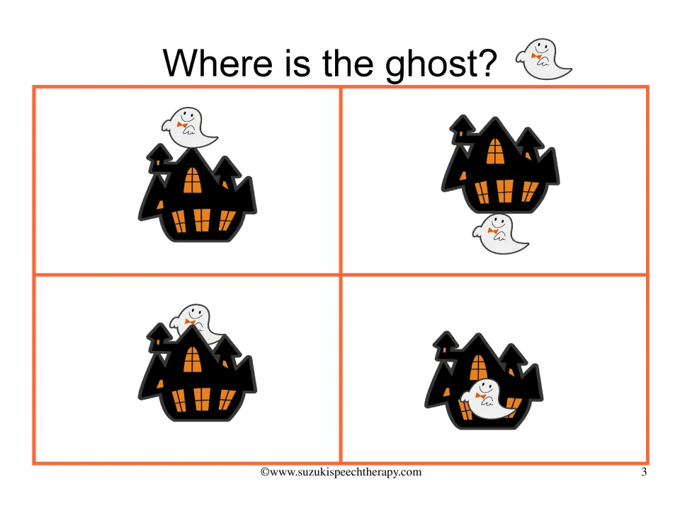 Where is the ghost? picture cards: a ghost on, under, behind and in front of a haunted house for matching to sentences