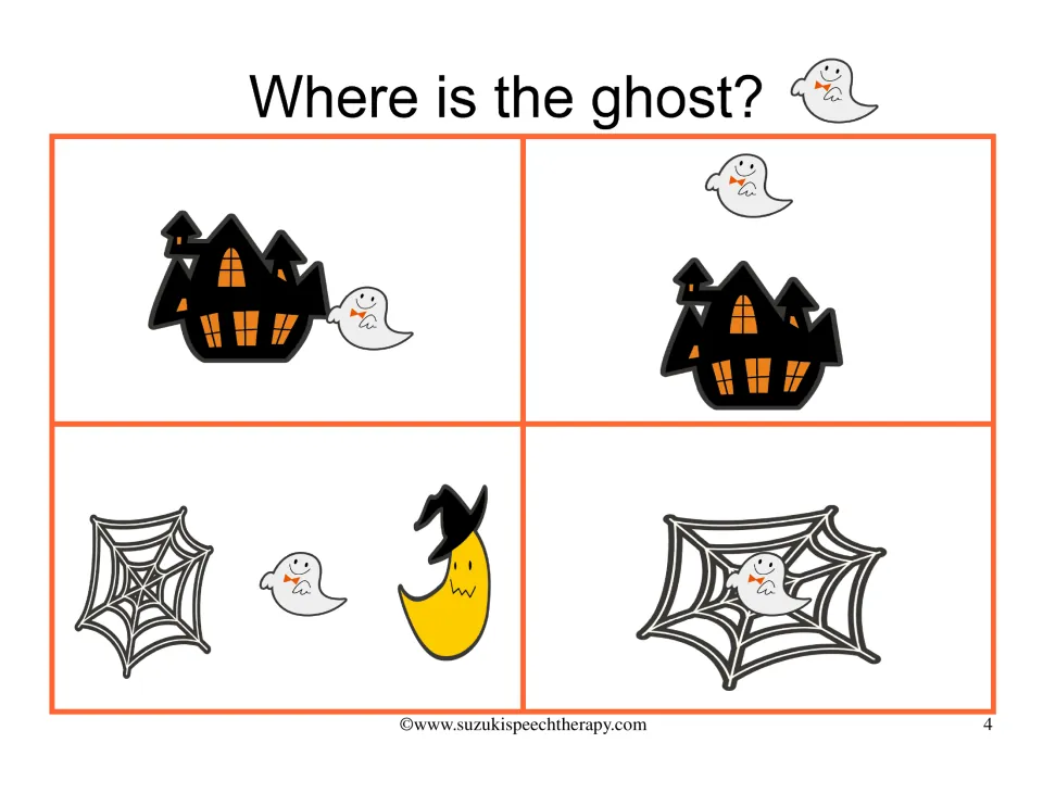 Ghost position picture cards: next to and over a haunted house, between a spider web and moon, and in a spider web