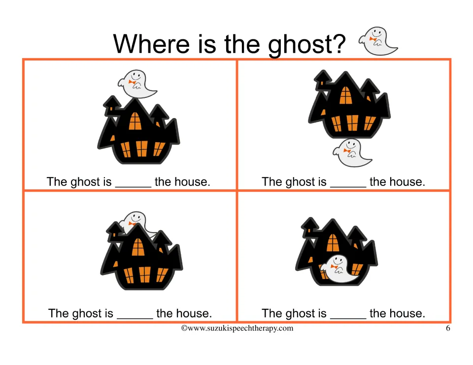 Cloze cards: students fill in the blank in The ghost is ___ the house for a ghost on, under, behind or in front