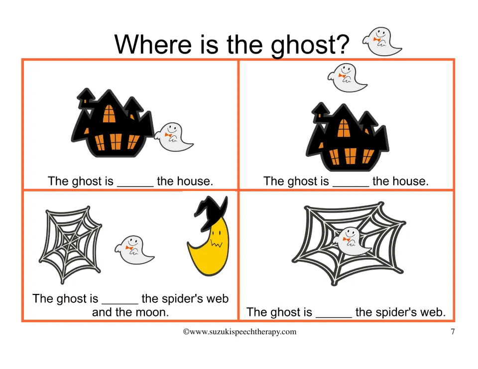 Cloze cards with a ghost next to and over the house, between a web and the moon, and in a web, each with a missing word