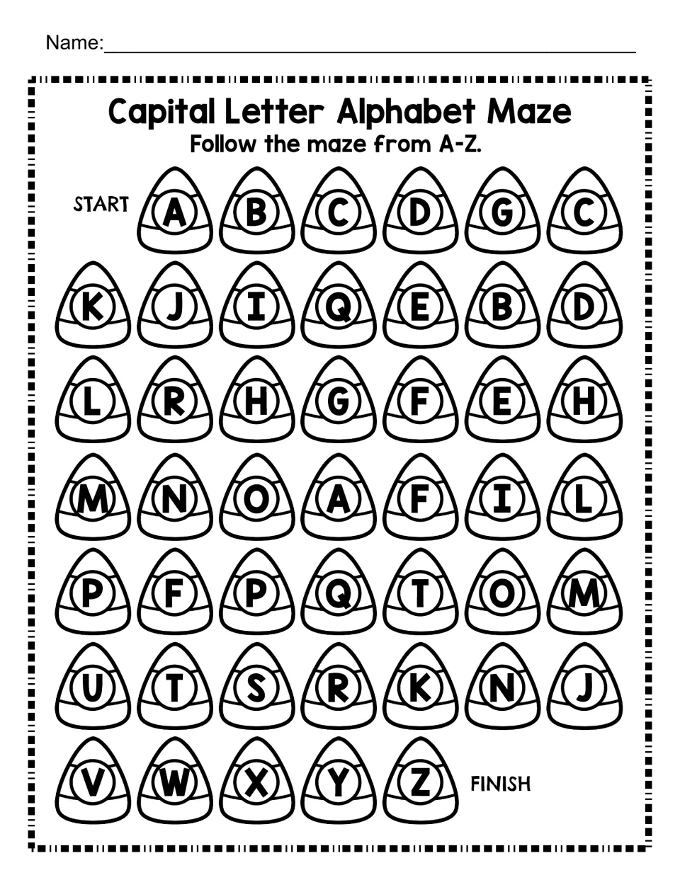 Capital letter alphabet maze: students follow candy corn letters in order from A to Z to practise ABC order