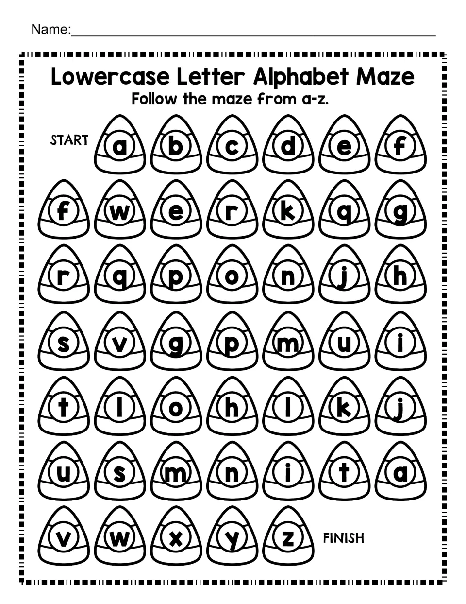 Lowercase letter alphabet maze: students trace a path through candy corn letters from a to z in alphabetical order