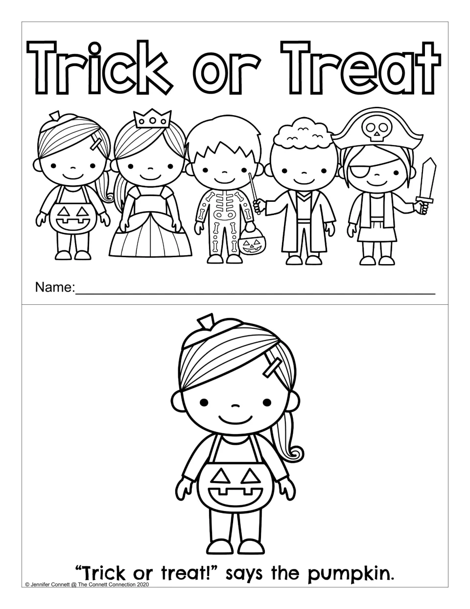 Trick or Treat mini-book title with five costumed kids and a name line, plus page one: "Trick or treat!" says the pumpkin