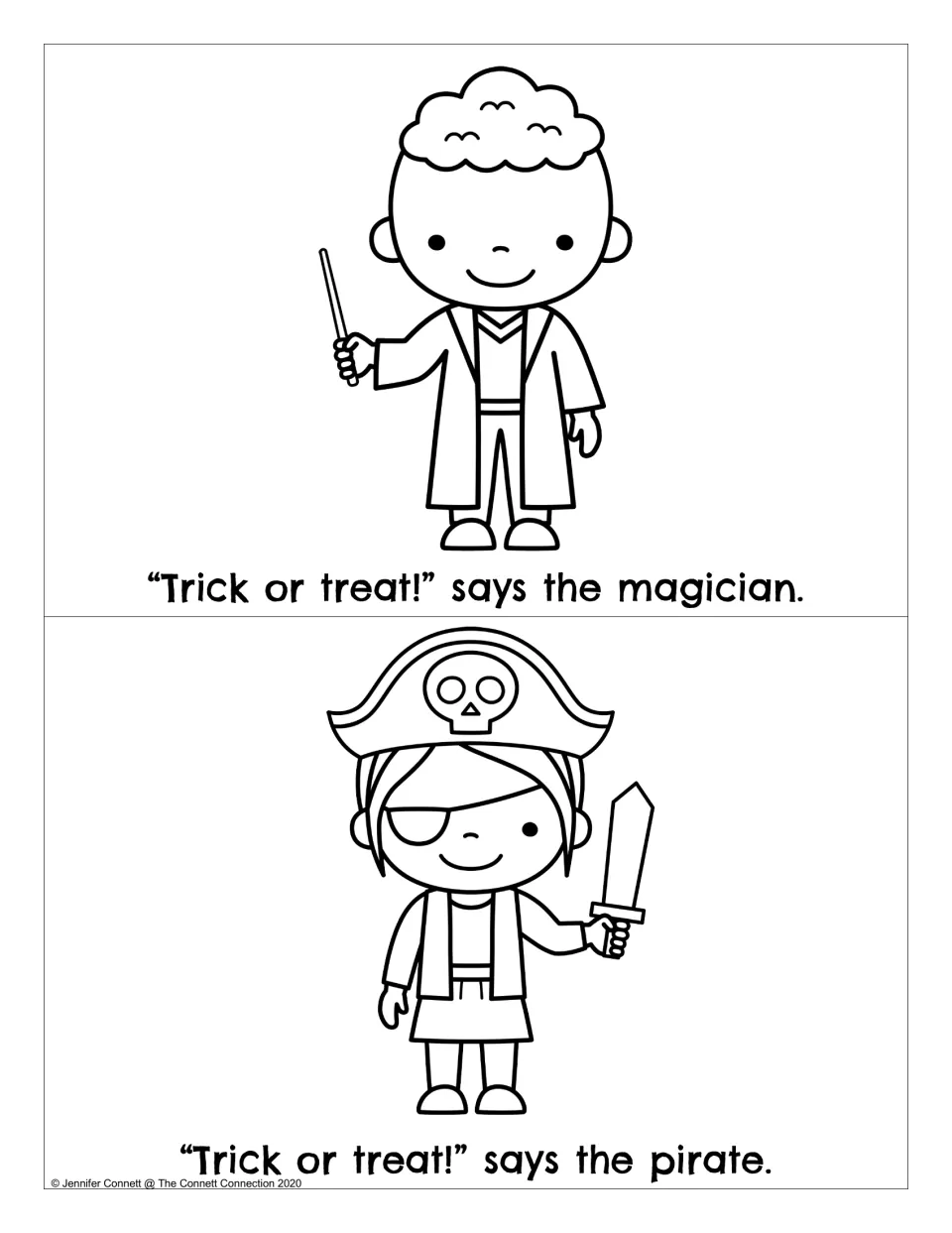 Repeated-sentence mini-book pages: "Trick or treat!" says the magician with a wand, then the pirate with a sword