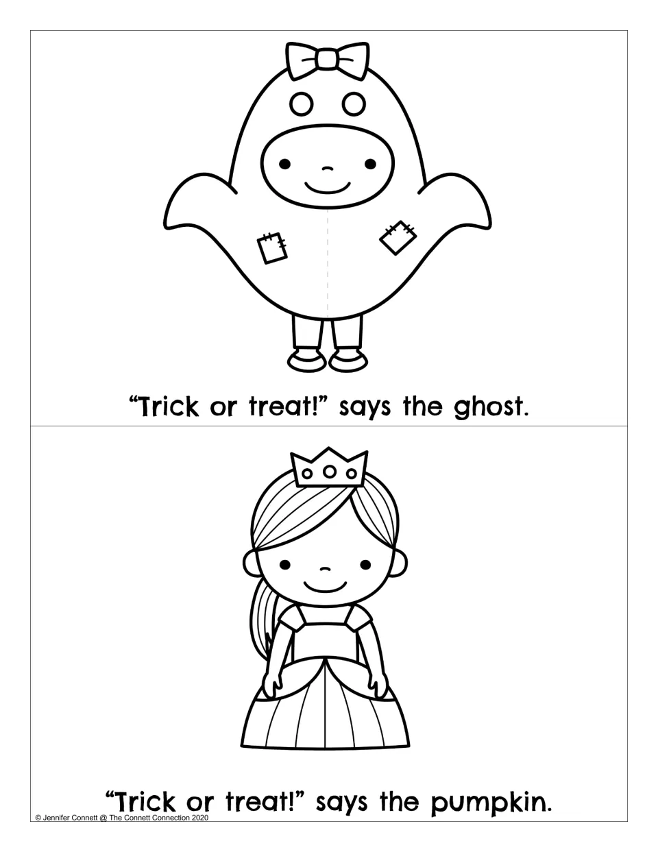 Mini-book pages: "Trick or treat!" says the ghost, plus a princess picture whose text reads "says the pumpkin"