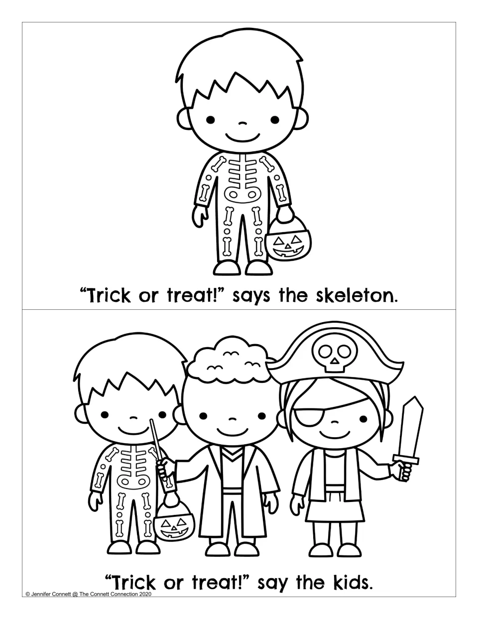 Final mini-book pages: "Trick or treat!" says the skeleton with a candy pail, then "Trick or treat!" say the kids