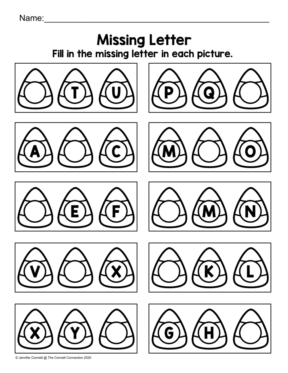 Missing letter: students write the absent capital in 10 sequences, such as A _ C and _ T U, to practise letter order