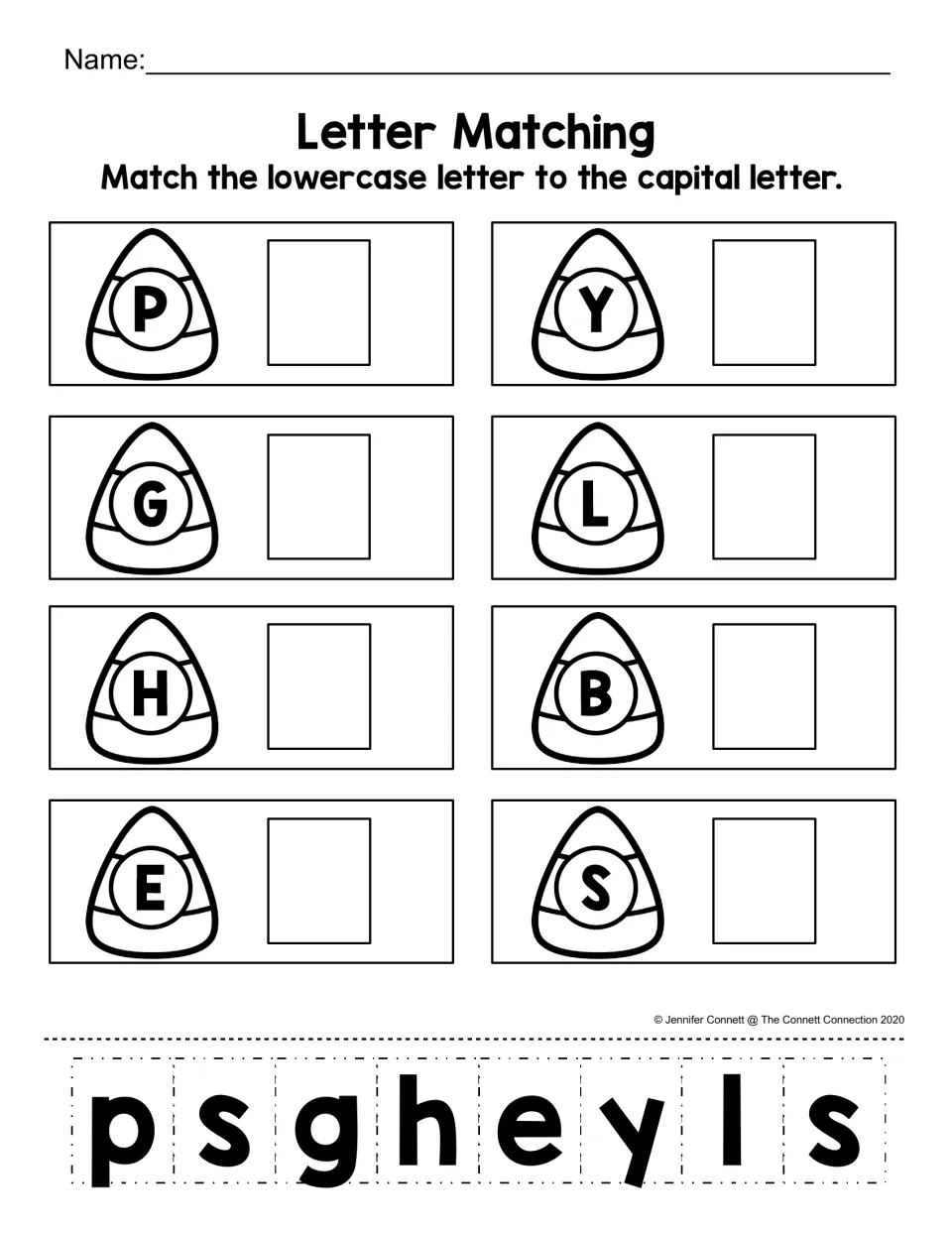 Letter matching: students cut out eight lowercase letters and glue each beside its capital, such as p by P and g by G