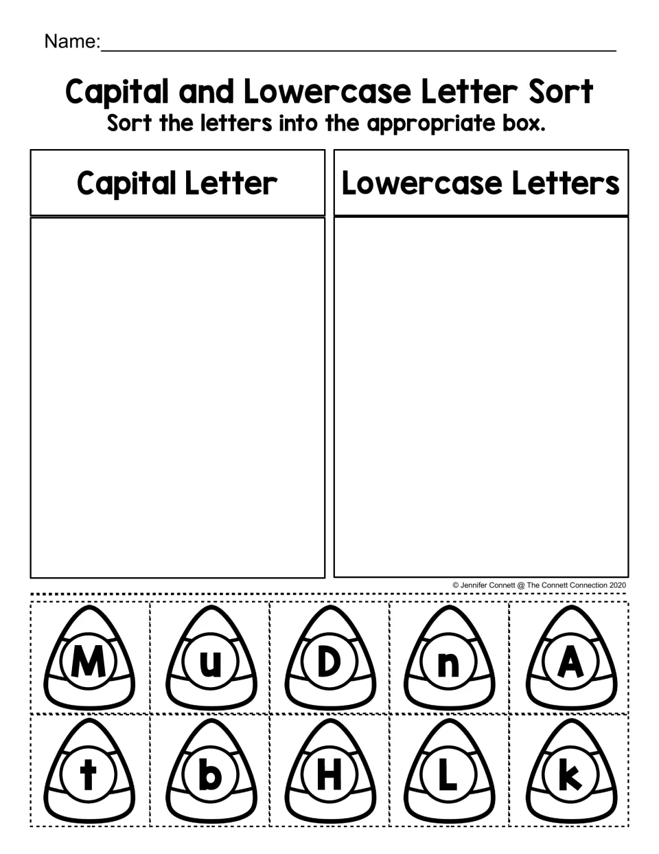 Capital and lowercase letter sort: students cut out 10 letters like M, u, D and n and glue each in the right group