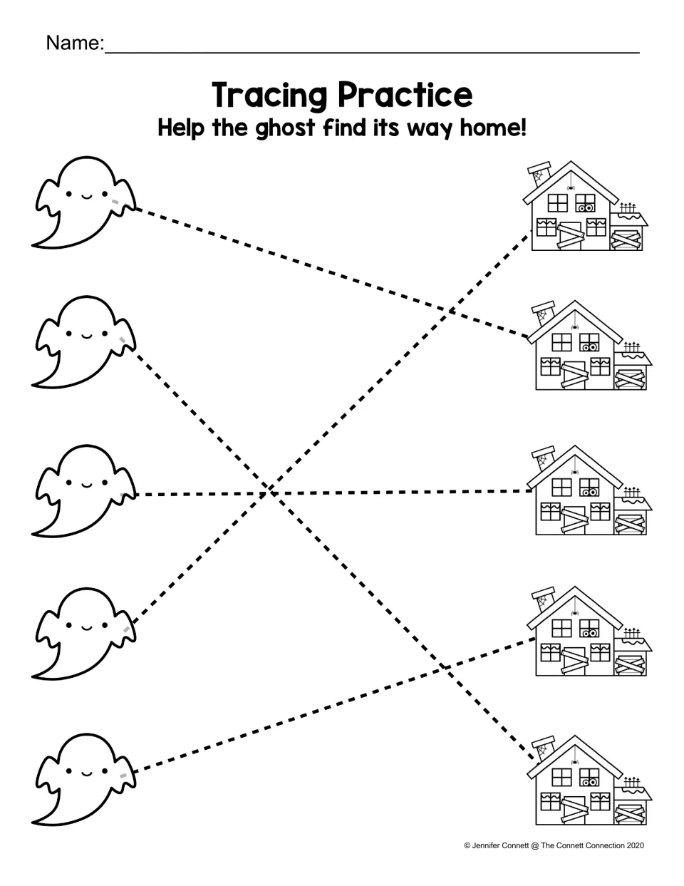 Tracing practice: students trace dashed diagonal and straight lines to help five ghosts reach haunted houses