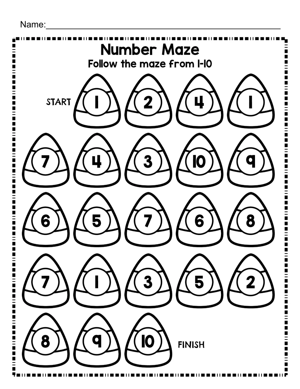 Number Maze 1-10: students follow candy corn shapes in counting order from START to FINISH to practise number sequence