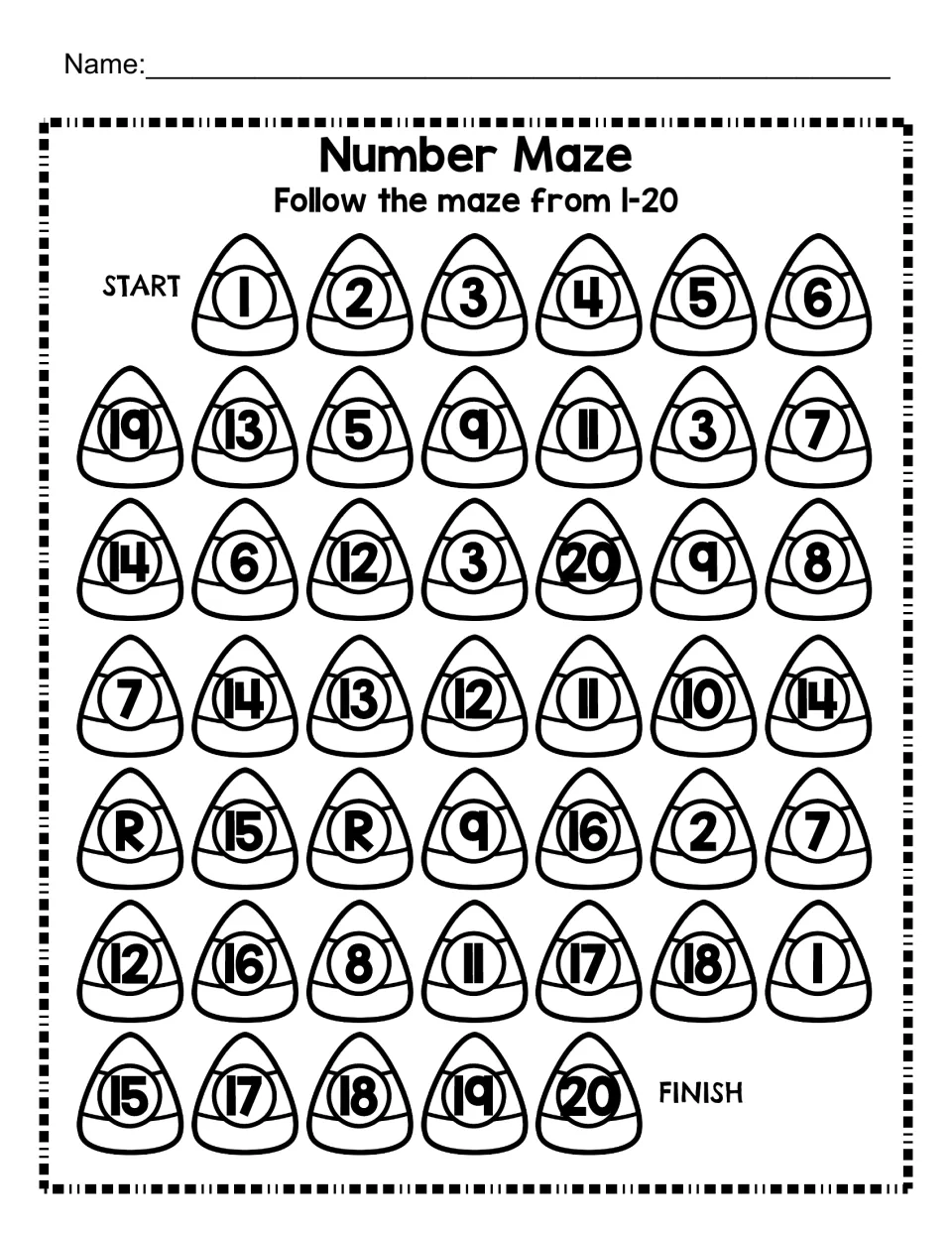 Number Maze 1-20: students trace a path through candy corn numbers counting from 1 up to 20, from START to FINISH