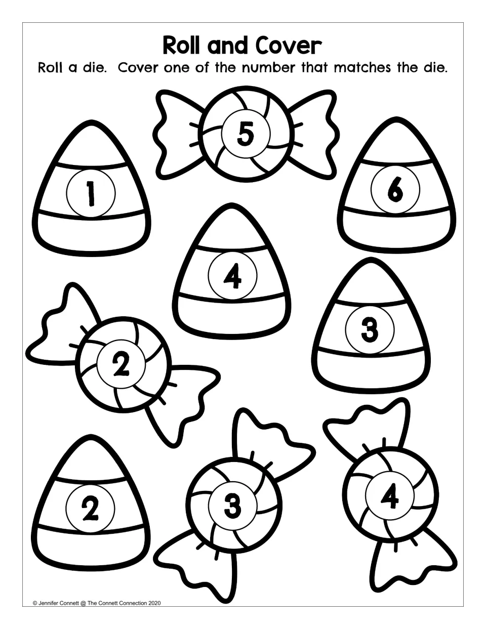 Roll and Cover: students roll a die and cover a candy corn or wrapped candy showing the matching number from 1 to 6