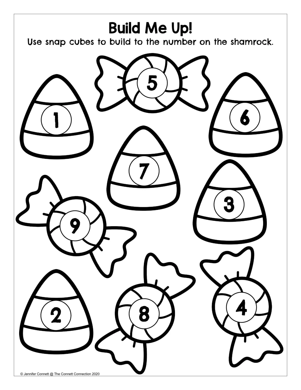 Build Me Up!: students use snap cubes to build towers matching the numbers 1 to 9 shown on candy corn and wrapped candies
