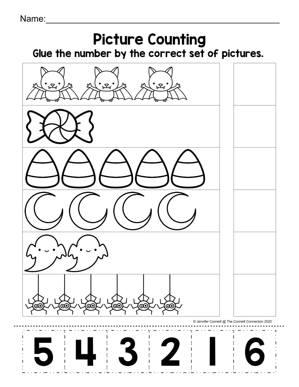 Picture Counting: students count sets of bats, candy, candy corn, moons, ghosts and spiders, then cut and glue numbers 1-6