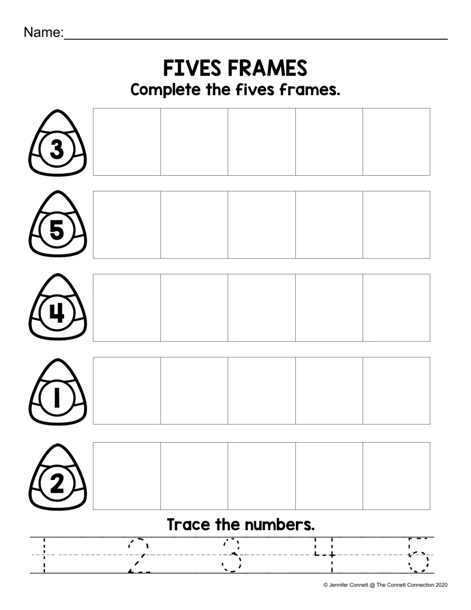 Fives Frames: students fill five frames to show 3, 5, 4, 1 and 2, then trace the numbers 1 to 5 at the bottom