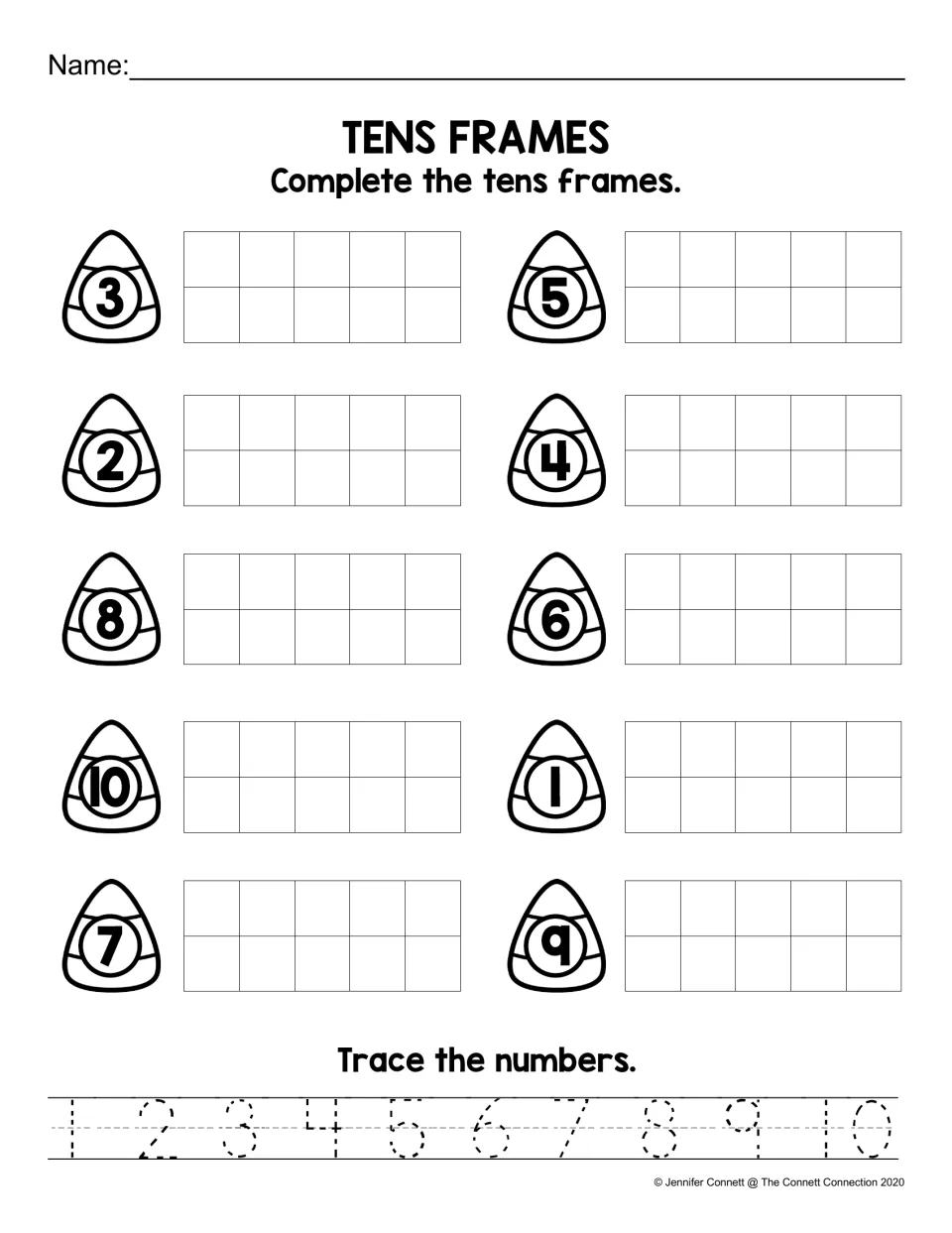 Tens Frames: students fill a ten frame for each candy corn number from 1 to 10, then trace the numbers 1 through 10