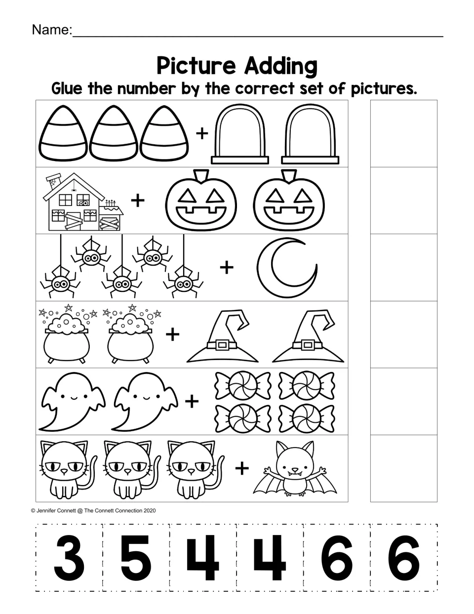 Picture Adding: students add two sets of Halloween pictures, such as pumpkins, spiders and cats, and glue the matching sum