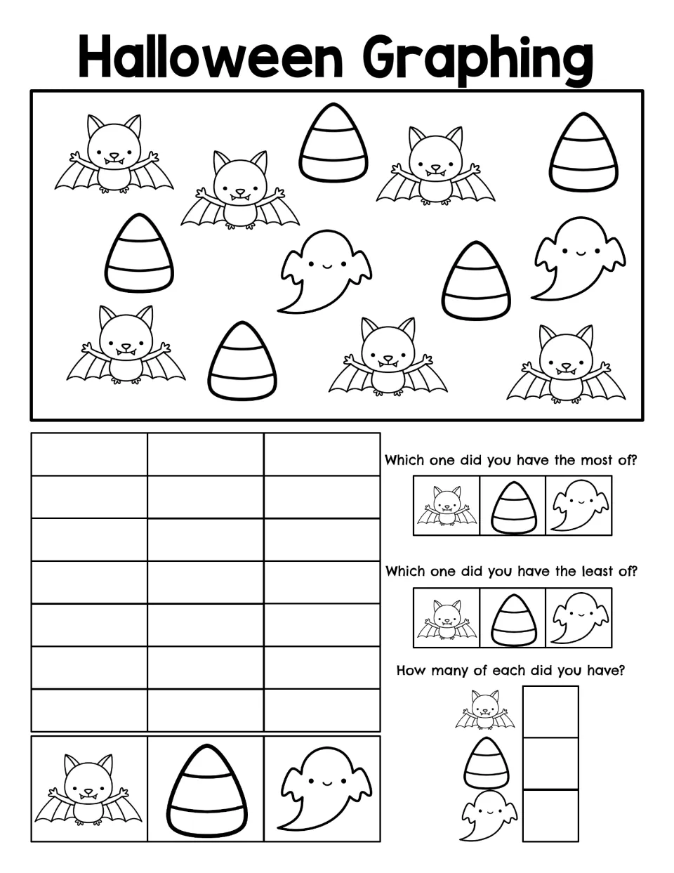 Halloween Graphing: students count bats, candy corn and ghosts, fill in a bar graph, then answer most, least and how many