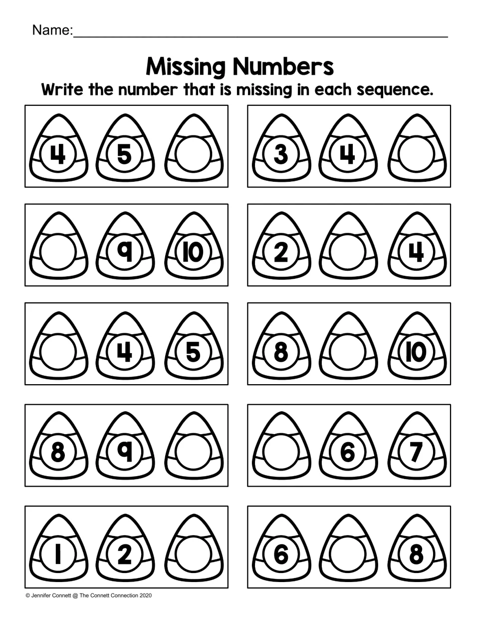 Missing Numbers: students write the missing number in 10 three-number candy corn sequences within 10, like 4, 5, __