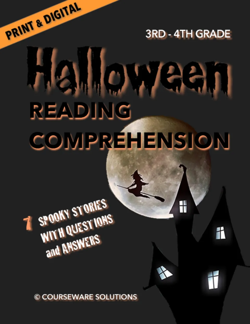 Cover of Halloween Reading Comprehension, 3rd-4th grade: 7 spooky stories with questions and answers, print and digital