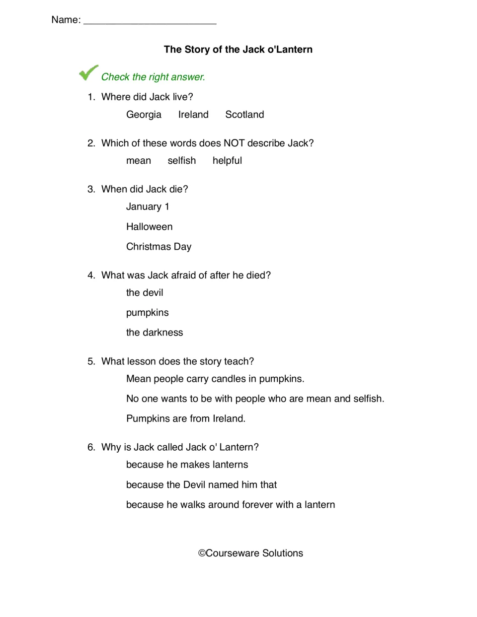 Jack o'Lantern comprehension: students check answers to 6 multiple-choice questions on setting, character and lesson