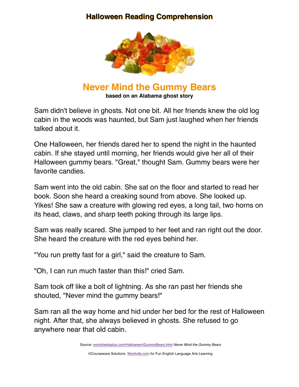 Never Mind the Gummy Bears, an Alabama ghost story: Sam takes a dare to stay in a haunted cabin and flees a creature