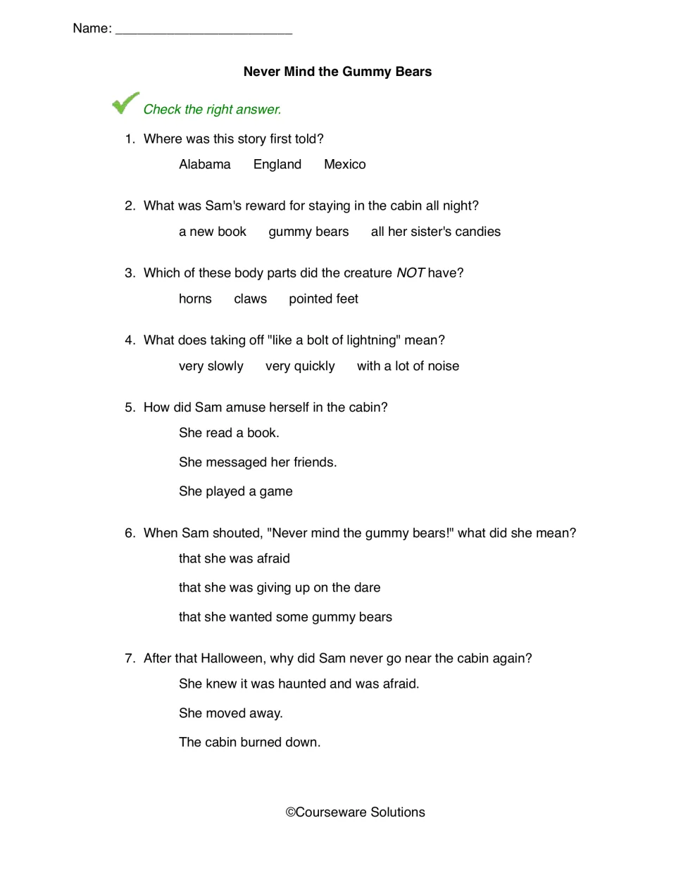 Gummy Bears questions: students check answers to 7 items, including the simile 'like a bolt of lightning' and Sam's dare