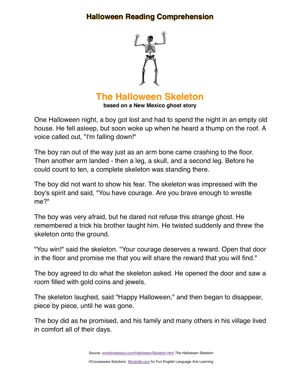 The Halloween Skeleton, a New Mexico ghost story: a lost boy wrestles a skeleton and wins a room of gold and jewels