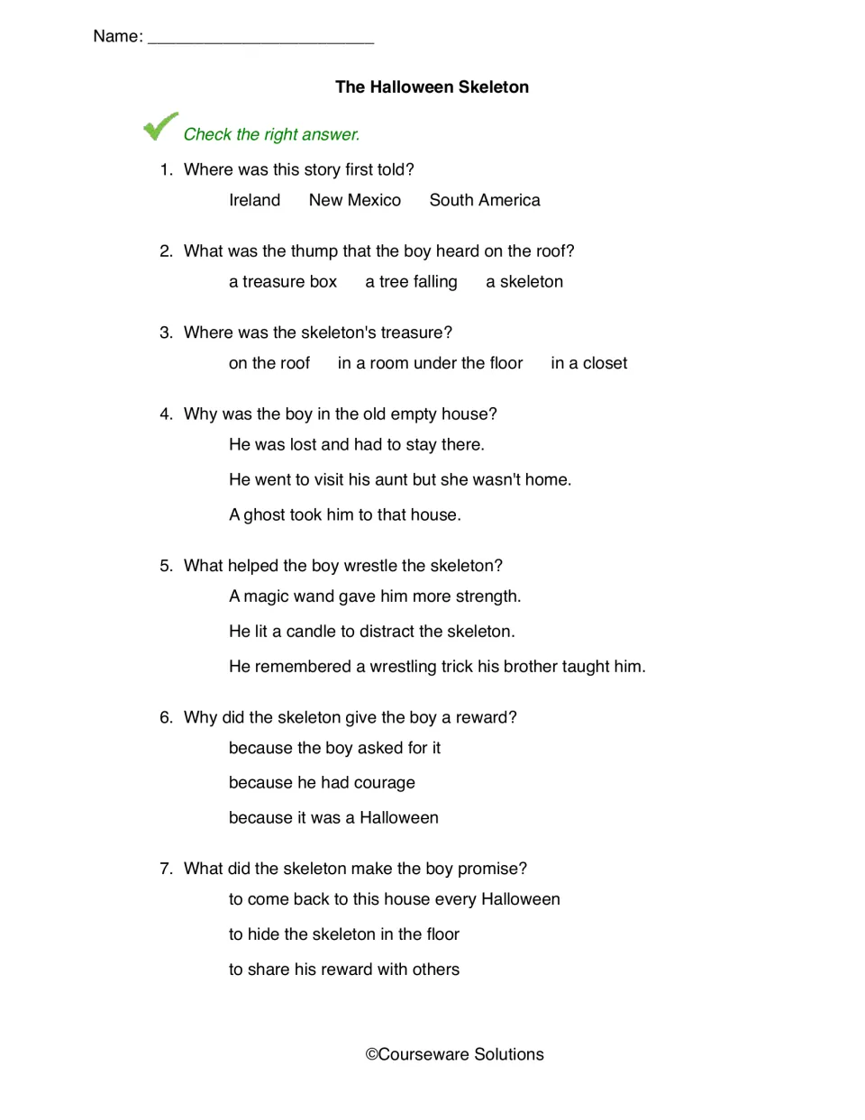 Halloween Skeleton questions: students choose answers for 7 items on the story's origin, the treasure and the promise