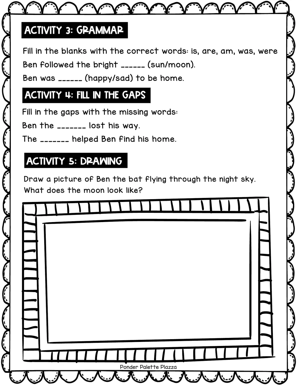 Ben the bat follow-up: students choose sun/moon and happy/sad, fill in missing story words and draw Ben in the night sky