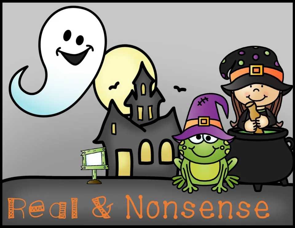 Real & Nonsense cover: Halloween ghost, haunted house, frog in a witch hat and a girl stirring a cauldron