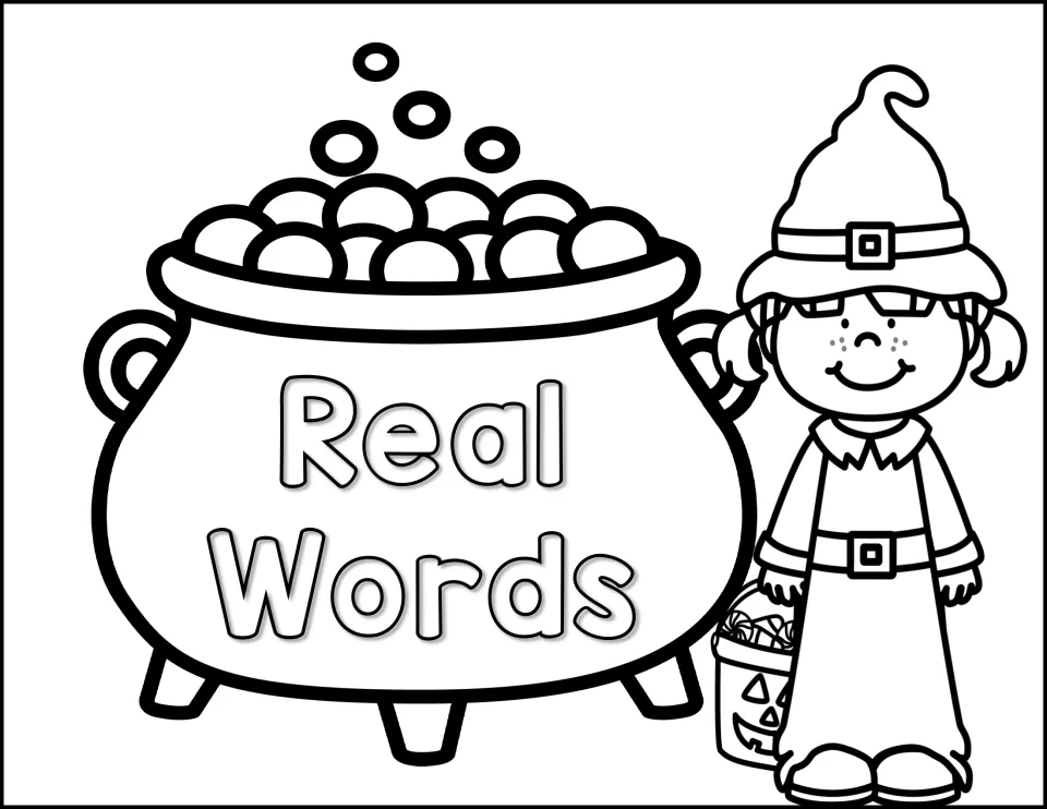 Real Words sorting header: a bubbling cauldron labeled Real Words beside a witch girl holding a candy bucket