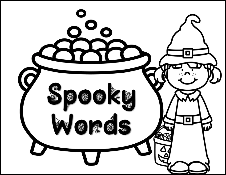 Spooky Words sorting header: a cauldron labeled Spooky Words in cobweb letters next to a witch girl with candy