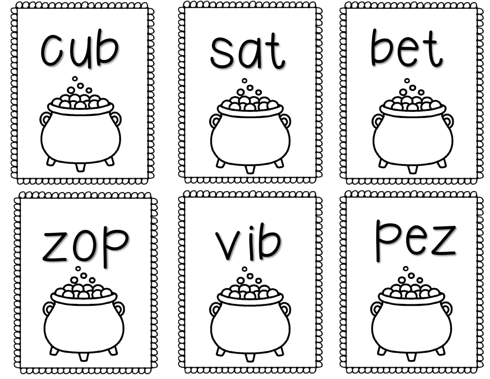 CVC word cards with cauldrons: real words cub, sat, bet and nonsense words zop, vib, pez for students to read and sort