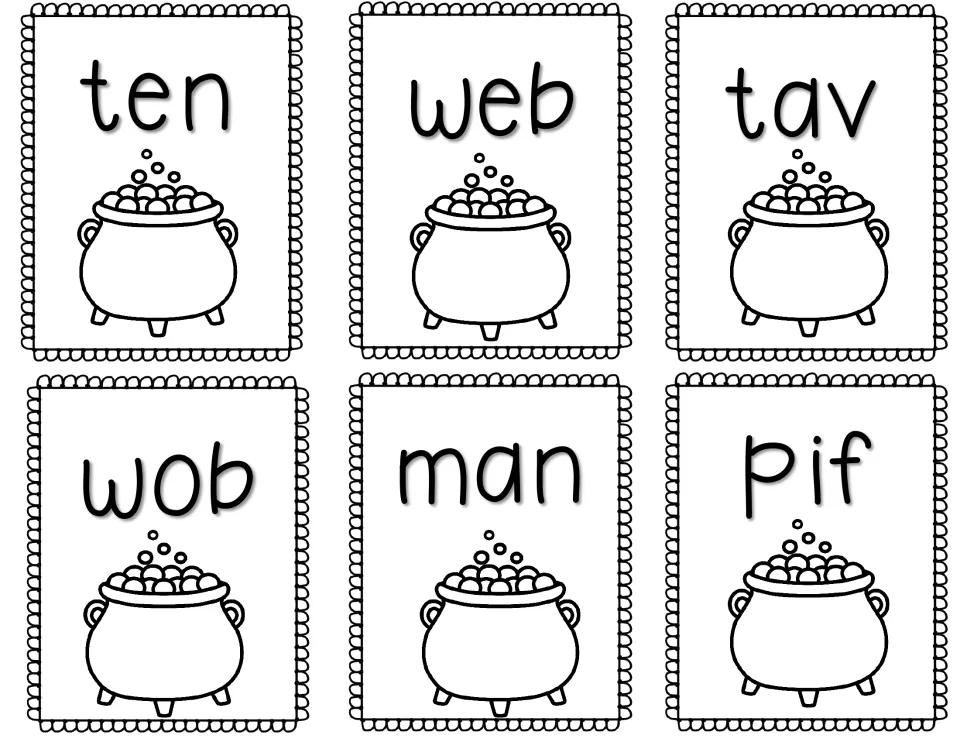 Cauldron word cards: students decode ten, web, man and the nonsense words tav, wob, pif, then sort them into two piles