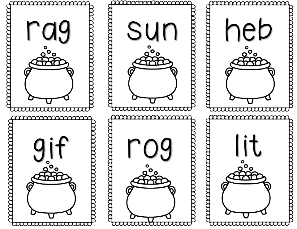 More cauldron word cards for decoding and sorting: rag, sun, heb, gif, rog and lit, mixing real and nonsense CVC words