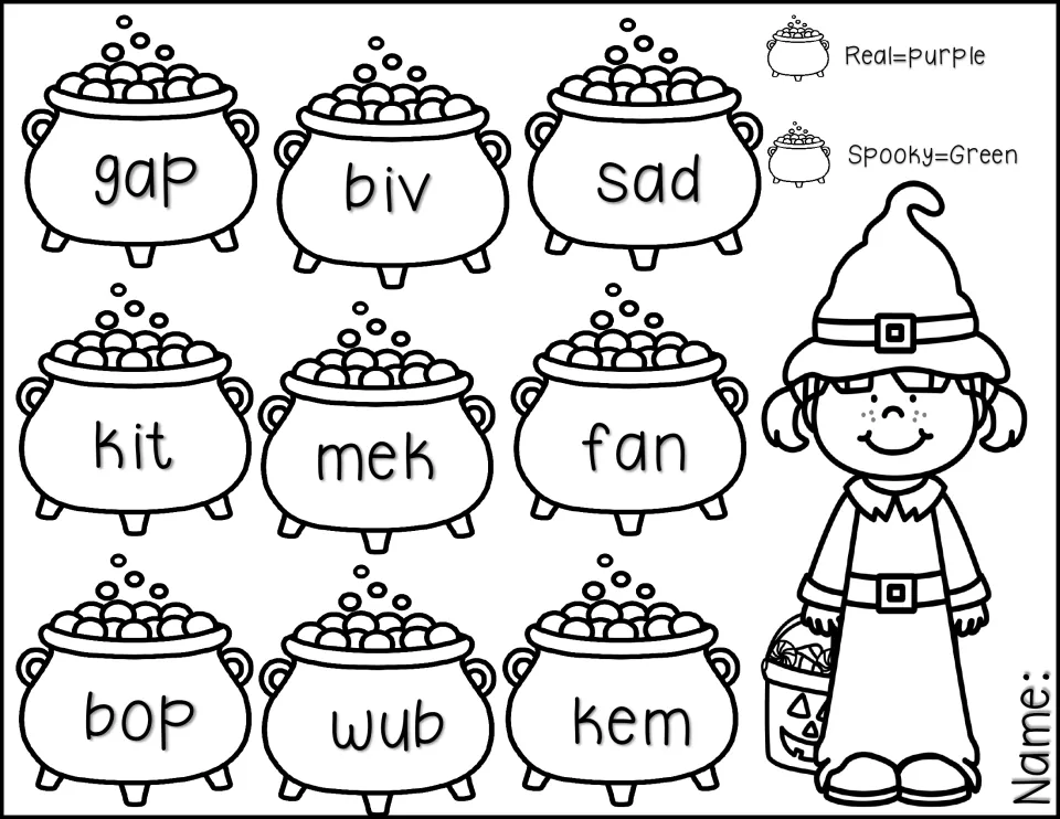 Color-by-code word sort: students read nine cauldron words such as gap, biv and mek, coloring real purple, spooky green