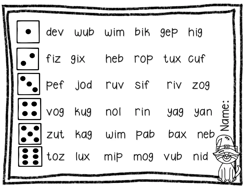 Roll and read nonsense words: students roll a die and read the row of six CVC words matching the dots, like dev and zog