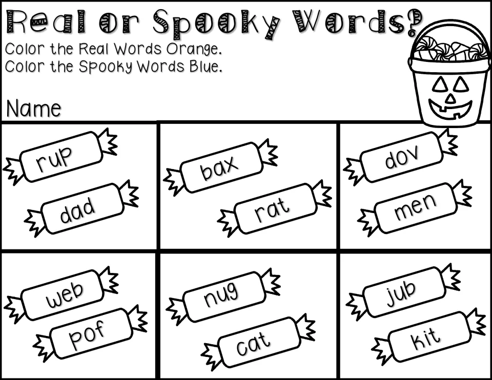 Real or Spooky Words? Students color real words orange and spooky words blue on candy pieces like rup, dad, bax and rat