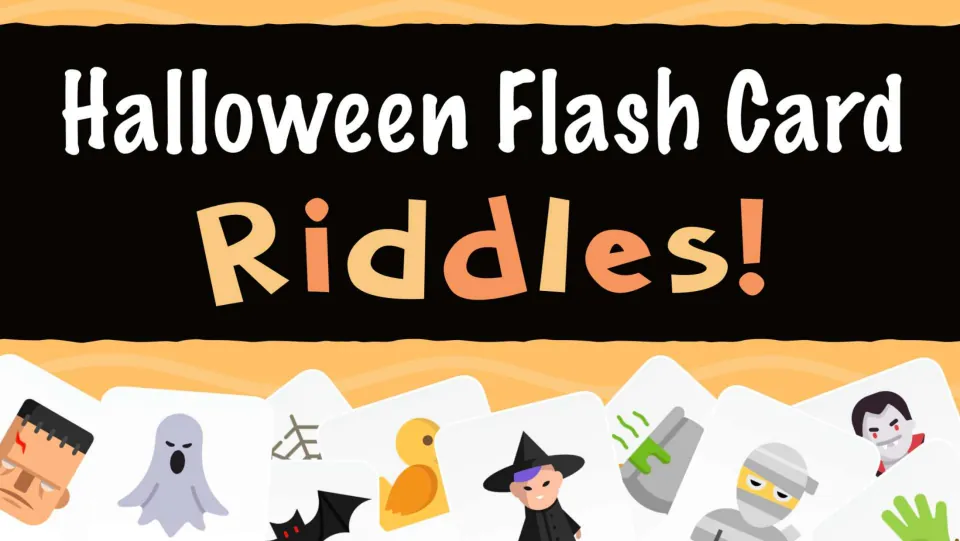 Halloween Flash Card Riddles cover showing picture cards of Frankenstein, a ghost, a witch, a bat, a mummy and a vampire