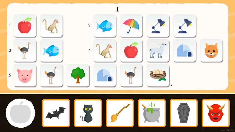 Riddle 1 decoding: students spell a riddle from first letters of picture cards like apple and monkey, then pick an answer
