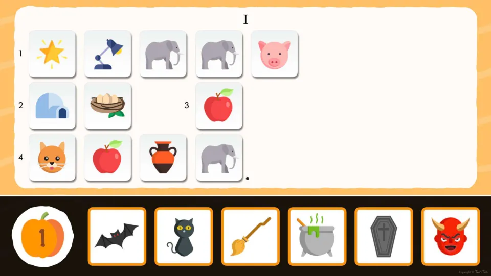 Riddle 2 decoding: students read first letters of star, lamp, elephant and pig cards to spell a sentence and pick an answer