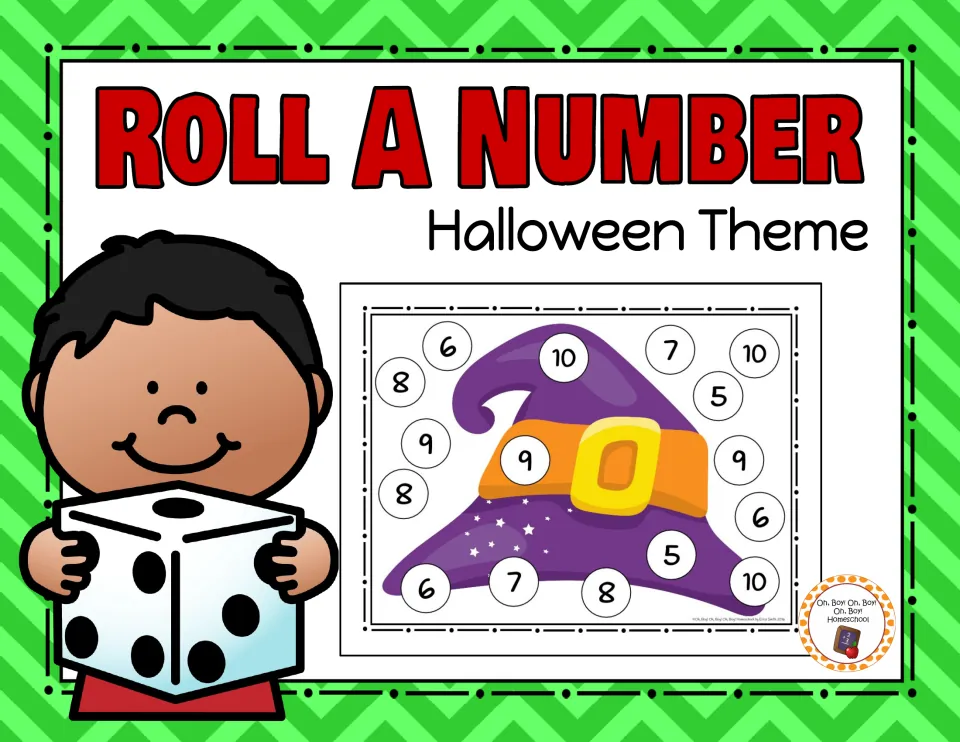 Roll A Number Halloween Theme cover, showing a sample game board with numbers on a purple witch hat