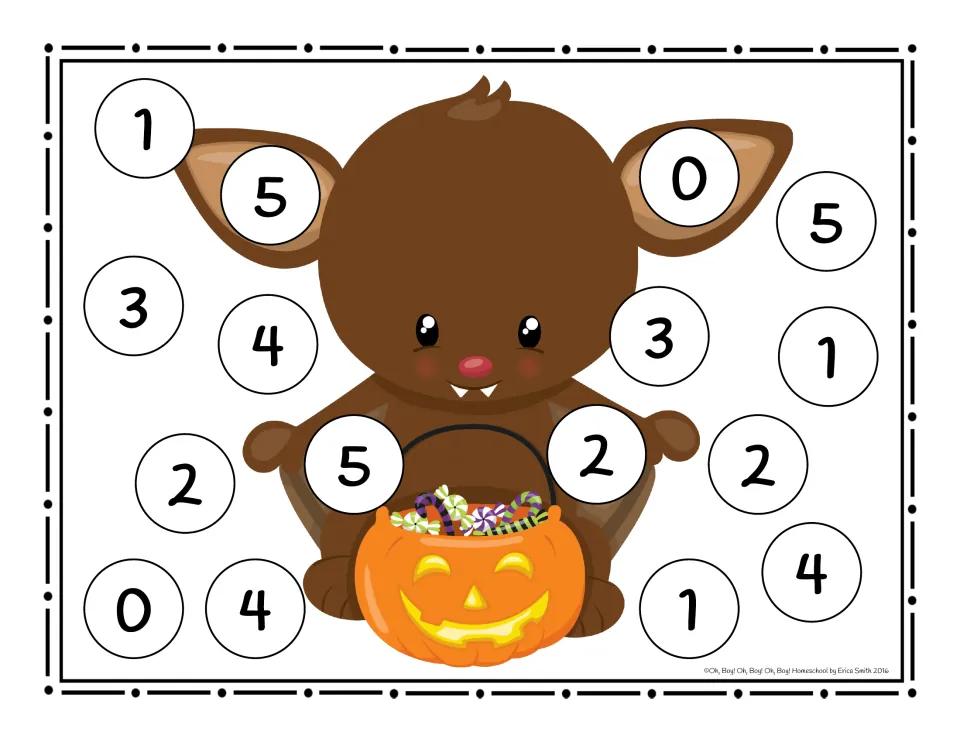 Roll and cover board 0–5: a brown bat holding a candy-filled jack-o'-lantern pail, in color