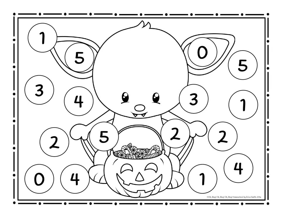 Black-and-white roll and cover board 0–5 with the bat and treat pail, numbers to cover or color in